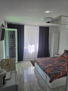 a bedroom with a bed and a desk and a window at Ram in Piteşti