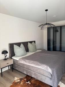 a bedroom with a large bed and a pendant light at Moderne Ferienwohnung Ravensburg in Ravensburg