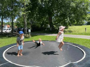three children standing on top of a trampoline at SEINZ Tiny House Natururlaub in Bad Kohlgrub