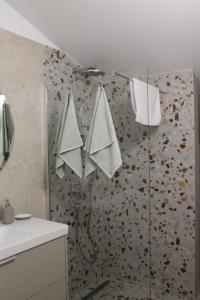 een badkamer met een douche en handdoeken aan de muur bij Lavanda in Mandre +66 foto's