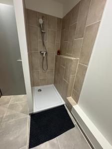 een badkamer met een douche en een zwart tapijt bij Studio Cosy in Saint-Gaudens +1 foto