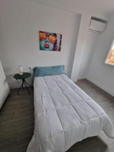 Un dormitorio con una cama con un cuadro en la pared. en Habitación BNB cama doble, en Albacete