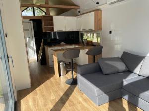 ein Wohnzimmer mit Couch und Küche in der Unterkunft EkoRelax & Fun Resort in Dobków