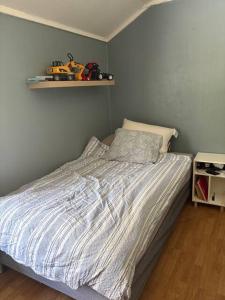 a bedroom with a bed with a toy truck on it at Sentrumsnært hus in Rjukan