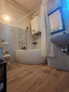 a bathroom with a bath tub and a sink at Rákóczi Guesthouse Miskolc in Miskolc