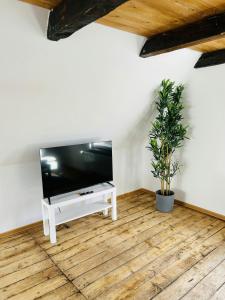 Spacious Apartment for 6 في هامبورغ: غرفة معيشة مع تلفزيون بشاشة مسطحة ونصب خزاف