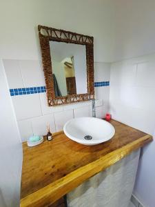 un bagno con un lavandino e uno specchio su un bancone di Pomelo Hostal a Dibulla