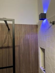 a bathroom with a shower with a blue light at Luxmedieval House in Perugia +34 photos