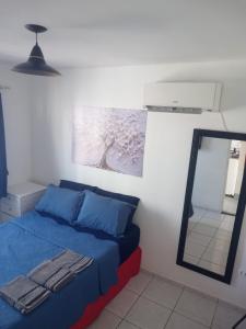 a bedroom with a blue bed and a mirror at Loft Apartamento Terreo Deck em São José in São José