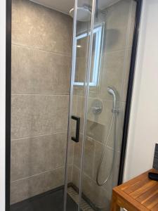 una ducha con puerta de cristal en un baño en Les OULIVASTRES, en Hyères