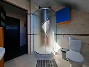 a bathroom with a shower with a toilet and a sink at Bieszczadzki Dom Gościnny w Werlasie in Werlas +10 photos