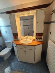 a bathroom with a sink and a toilet and a mirror at Perdika Beige in Pérdika