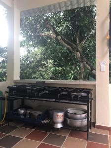 アナポイマにあるHermosa Finca en Anapoima Villa Esmeraldaの鍋やフライパンが置かれたカウンターのあるキッチン