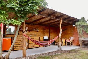 a hammock in front of a log cabin at Glamping Nest Mecklenburger Seenplatte in Penzlin