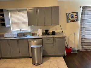 eine Küche mit grauen Schränken und einem Mülleimer in der Unterkunft Peculiar N 5th street in Newark