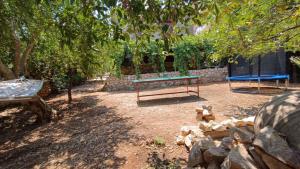 a picnic table and a bench in a yard at Traditional olive house - Gargalianoi in Gargaliánoi