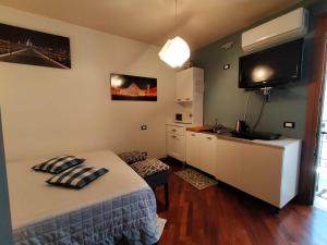 a bedroom with a bed and a flat screen tv at Mini appartamento con giardino in Fontanafredda