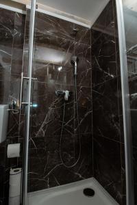 a bathroom with a shower with a black marble wall at Studioapartment Black & White in Velika Gorica +38 photos