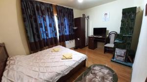 a bedroom with a bed and a desk and a television at Casa Damian in Bertea