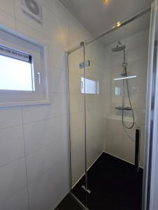 a shower with a glass door in a bathroom at Waddenlodge Deluxe in Harlingen