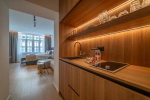 a kitchen with a counter and a living room at Four Elements Apartments in Sarajevo