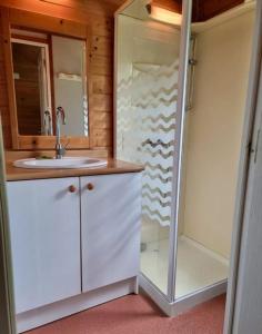 a bathroom with a sink and a shower at Chalet nature et lac dans parc résidentiel de loisirs in Lissac-sur-Couze