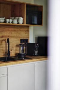 a kitchen with a counter top with a tea kettle at LJ Apartments - Šempeter pri Gorici in Šempeter pri Gorici