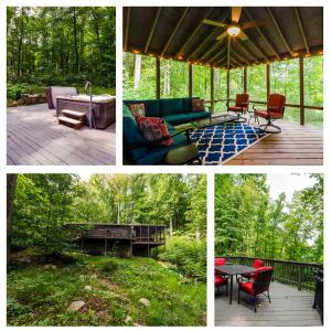 a collage of four pictures of a screened in porch at Secluded Oasis w Hot Tub, Screened-in Porch, WiFi! in Berkeley Springs