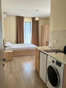 ein Zimmer mit einem Bett und eine Küche mit einer Waschmaschine in der Unterkunft Mirza Guesthouse in Batumi