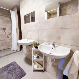 a bathroom with two sinks and a shower at Beautiful attic room R3 in Prague