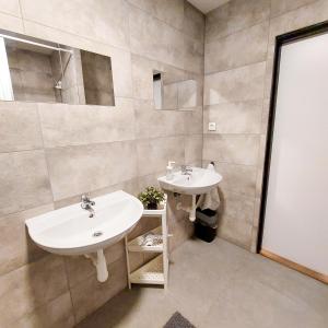 Un baño con dos lavabos y un espejo. en Beautiful attic room R3, en Praga