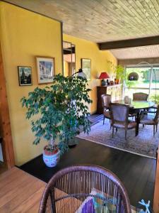 a living room with a table and a potted plant at Le jardin des oiseaux in Sainte-Verge