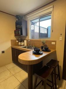 a kitchen with a counter and a sink and a window at Hotel Nativo Arenal in Fortuna +19 photos