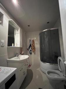 a bathroom with a shower and a toilet and a sink at Дом in Bavra