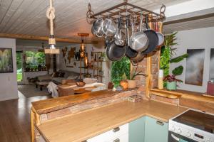 ビルンにあるBoka's Forest Getawayの鍋と鍋が天井からぶら下がるキッチン付き