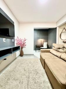 a living room with a couch and a tv at Incrível apartamento com suíte no centro da cidade in Formosa