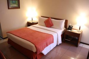 a hotel room with a bed with two lamps and a phone at Hotel Princesa Louçã in Belém