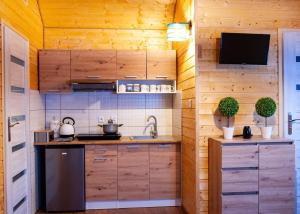 a kitchen with wooden walls and a tv on the wall at Zielony Raj - Bieszczady in Wańkowa