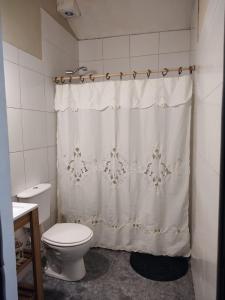 a bathroom with a toilet and a shower curtain at Turquesa in Villa Mercedes
