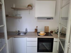 a small kitchen with white cabinets and a sink at Villa Sainte MaÏsse avec piscine in Solliès-Pont