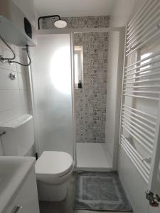 a white bathroom with a toilet and a shower at Apartmani Vidušin in Novalja