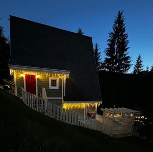 a house with christmas lights on the side of it at Двоповерховий апартамент у котеджі FREEMAN-4b з альтанкою та грилем - вздовж ділянки маленька річка in Bukovel