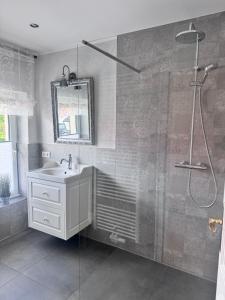 a bathroom with a sink and a shower at Hof Sandfort in Bad Laer +32 photos