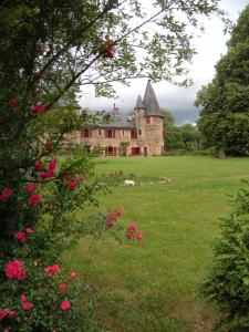 ein altes Haus auf einem Feld mit rosa Rosen in der Unterkunft Chateau de Bellefond in Lagraulière