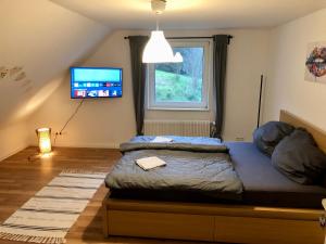 a bedroom with a bed and a tv on the wall at Ferien im Schwarzwald Freiamt in Freiamt