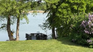 a park bench sitting next to a body of water at FEWO Am Haussee Feldberger Seenlandschaft in Feldberg