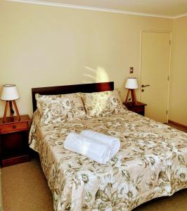 a bedroom with a bed with two night stands and two lamps at Departamento 2 habitaciones in Temuco +3 photos