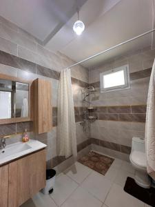 Un baño con inodoro, lavabo y ducha. en Appartement d'été F2 pour familles, en Boumerdes