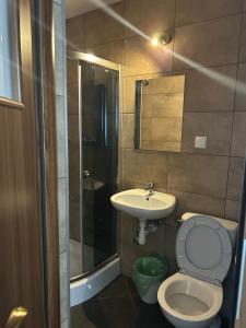 a bathroom with a toilet and a sink and a shower at Willa Agma in Zakopane +48 photos