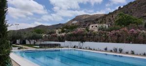 a swimming pool with a mountain in the background at Alojamiento rural Los Pérez Lucainena de las Torres in Lucainena de las Torres
